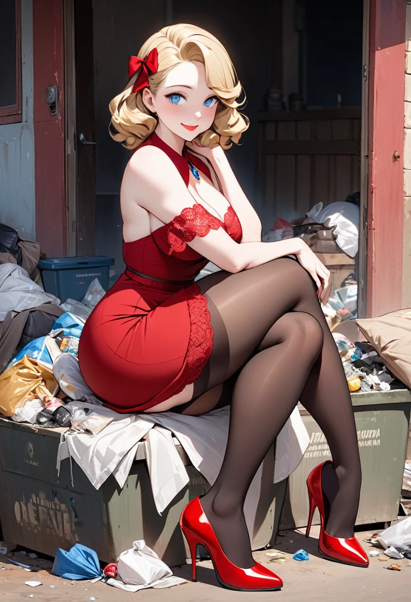 Nsfw,masterpiece,full body, small size head, Stunning elegant Blonde lady, 1940s hairstyle,pale skin, blue eyes, stunning, smile face,she wear brown stockings, she wear lace red dress, red stilettos , jewels,thick calves, super thick legs , super big ass. She is sitting on garbage in poor african Town that there are a Lot of garbage.