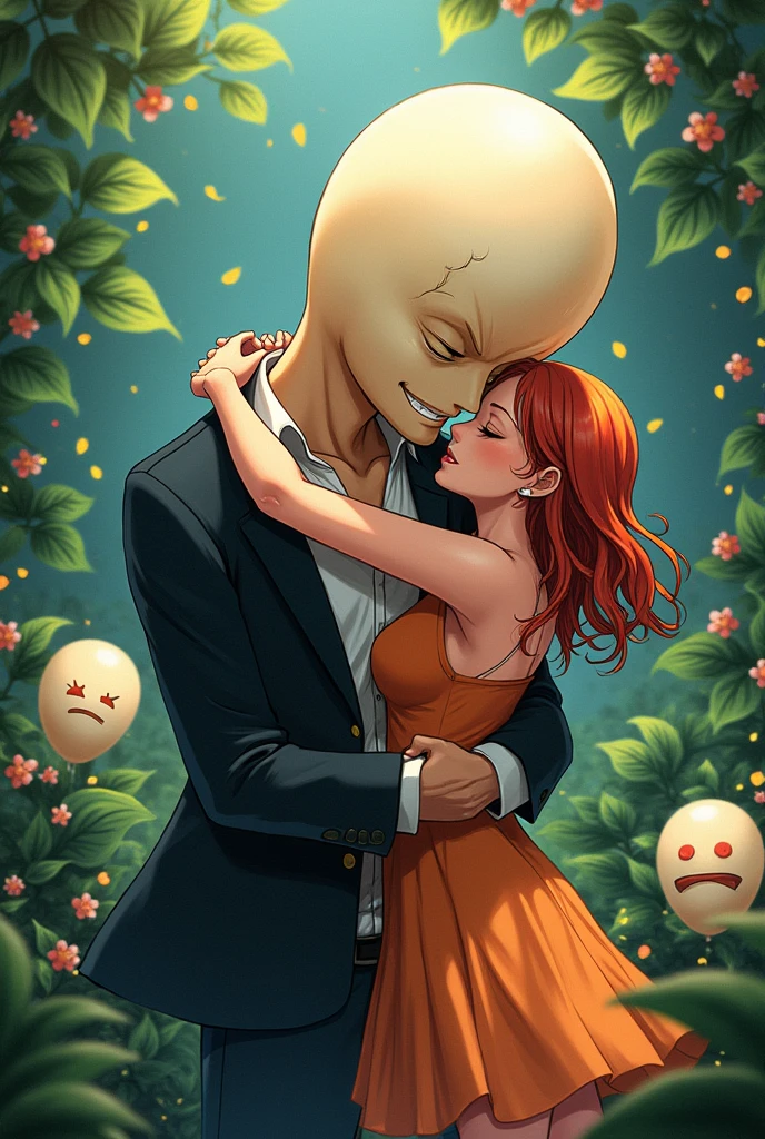 egghead rob lucci and egg head nami hugging, while egghead sanji looks on heartbroken