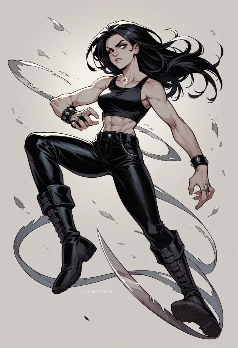 1girl, x-men, long black hair, black top, black pants, black boots, gray accents, knuckle blades