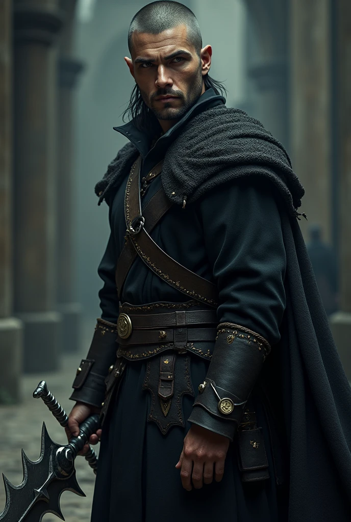 A 20 year old angry European warrior male with long buzzing hair and brown eyes without a glowing beard wearing a full black outfit holding a magic fragmented sword standing in a dark place and looking to the left
