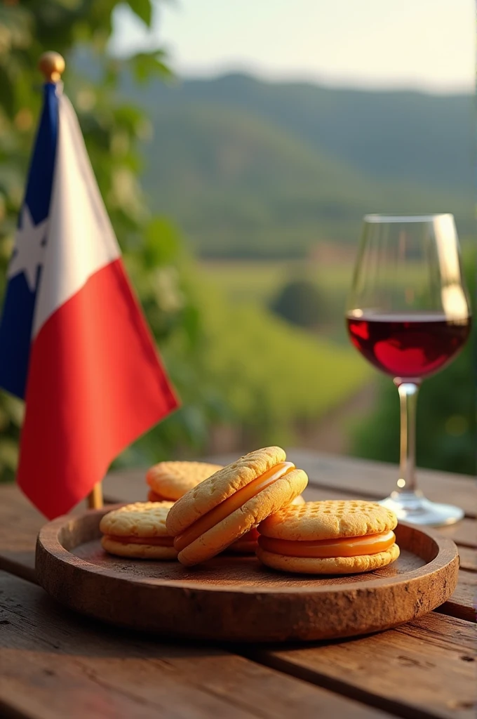 An image that combines Candy composed of two thin, smooth cookies attached to each other with dulce de leche, arranged on a wooden table, with a Chilean flag and another Argentine flag and a glass of wine in a vineyard in the background.