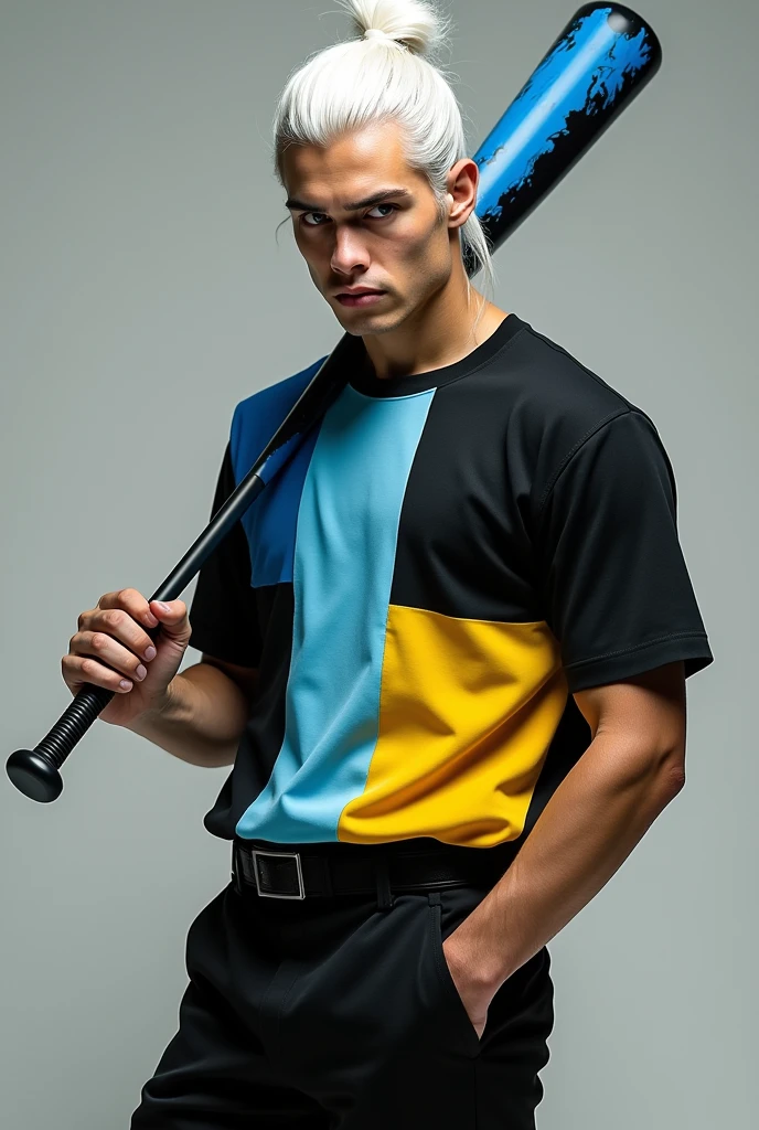 Free Fire male character profile photo white hair with bun black shirt and pants with light blue, half dark blue and a yellow one on fire a black blue and yellow baseball bat in hand