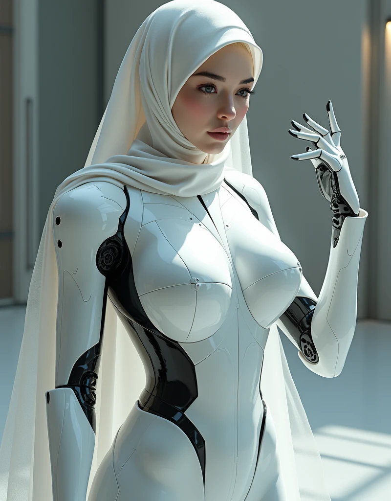 female robot wearing hijab, big breasts, white body, robot arm, raise hands