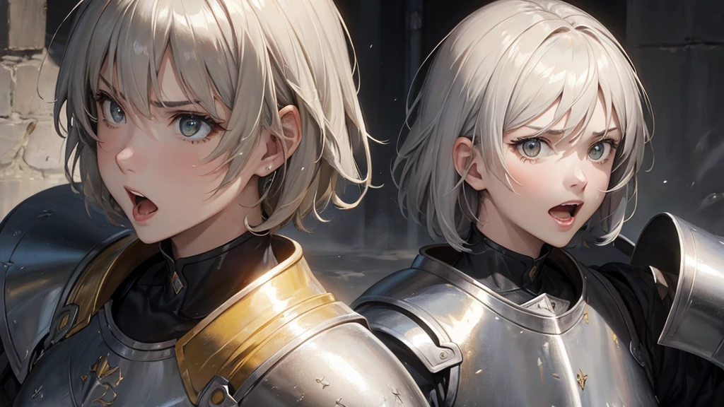oil painting look, Jeanne d'Arc, yellow short hair, silver armour, face closeup, shout aloud with open mouth, angry, outside