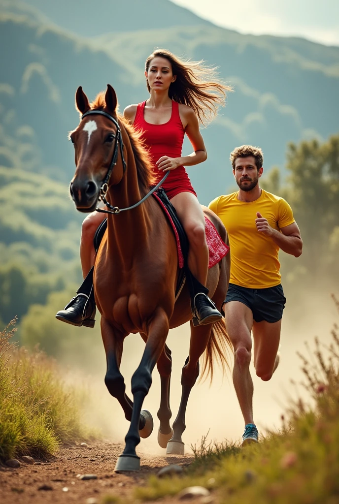Une dame sur un cheval marron. Très important ,le cheval doit être marron sans tâche blanche sur la tête.
A côté d'elle doit apparaitre un coureur a pied de type marathonien de sexe masculin.
Ils devront être habillé tout les deux en rouge et jaune et en tenue de sport.
les lettres "L.Ranch" devront être mentionné
