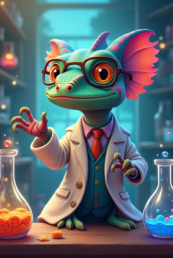 chameleon with glasses and animated lab coat