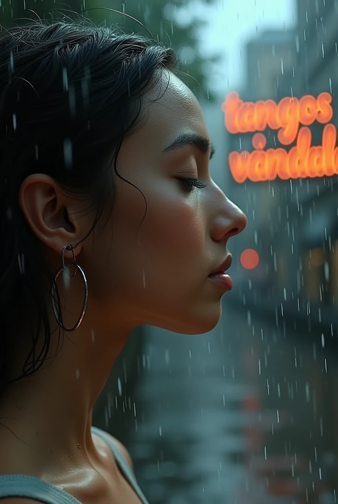 Profile view of a woman's face enjoying the rain, with droplets softly landing on her skin. She has a peaceful expression, eyes closed, and her hair slightly damp. In the background, blurred by the rain, there's a sign that reads "TANGOS VÁNDALOS" in bold letters
