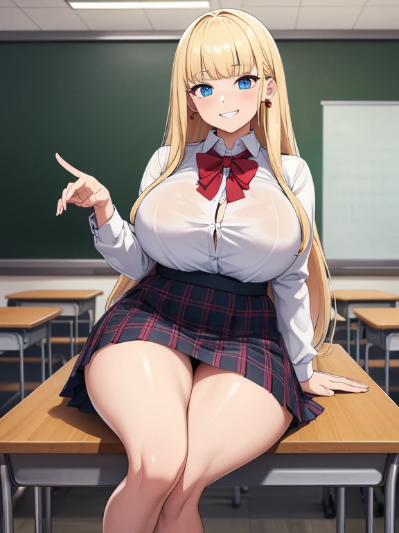 (best quality,4k,8k,highres,masterpiece:1.2), ultra-detailed, UHD, studio lighting, ultra-fine painting,sharp focus, physically-based rendering, extreme detail description, professional, vivid colors, bokeh, sexy woman, huge breasts, large breasts, curvy, voluptuous, blonde hair (straight bangs), sky-blue eyes, long hair, high school uniform, plaid skirt, earrings, grinning, dynamic pose, solo focus, classroom, indoors
