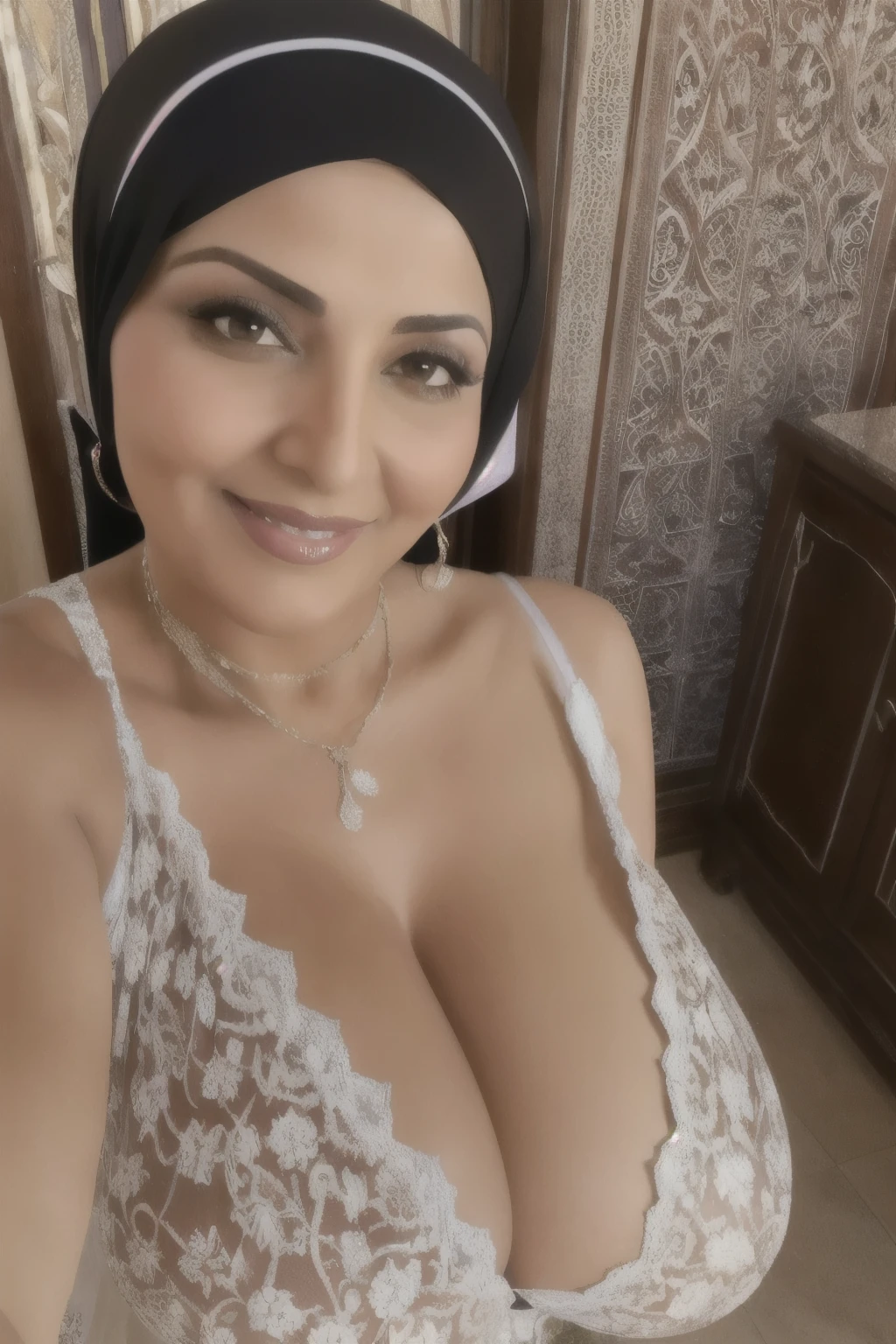 selfie , curvy mature arab woman 50 years old sexy mature, with sexy wellow full hijab, and a huge cleavage, she takes this picture selfie, realistic picture, (((big breasts2.5))),(((huge breasts 2.0)))) smilling face. in algerian pool with Arabic decor .giant boobs,