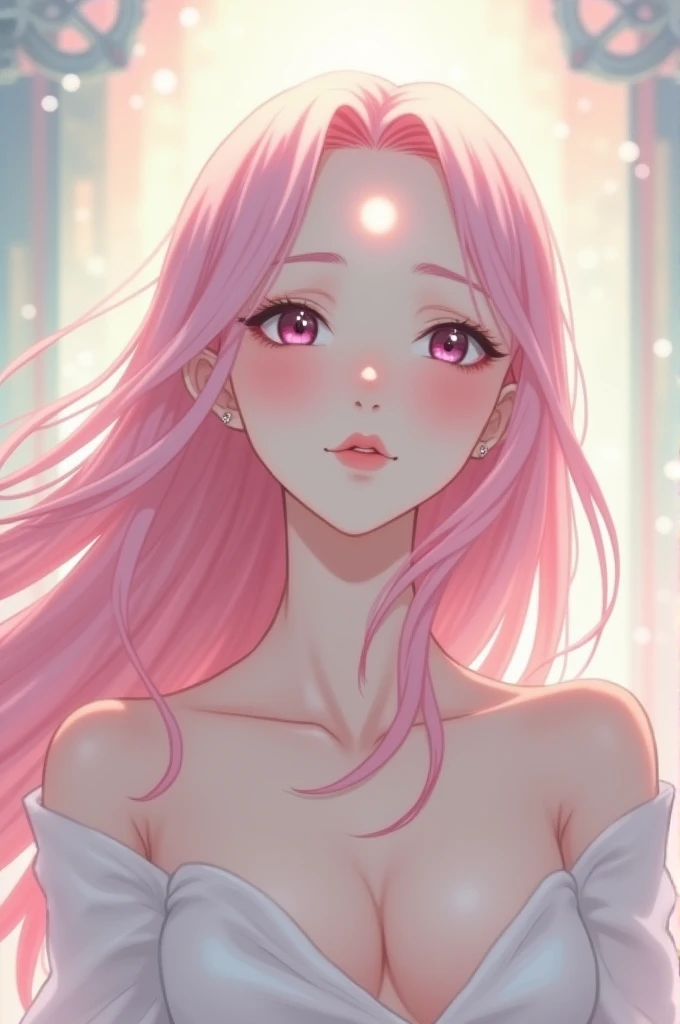 (anime) a white female person with pink hair with a dot on her forehead on her bare head