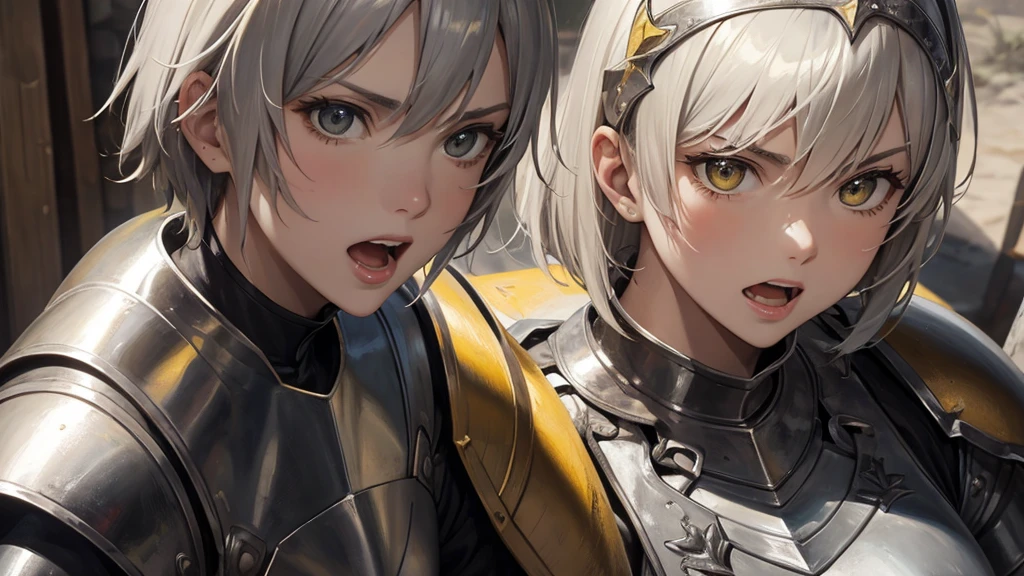 oil painting look, Jeanne d'Arc, yellow short hair, silver armour, face closeup,  shout aloud with open mouth, angry, outside