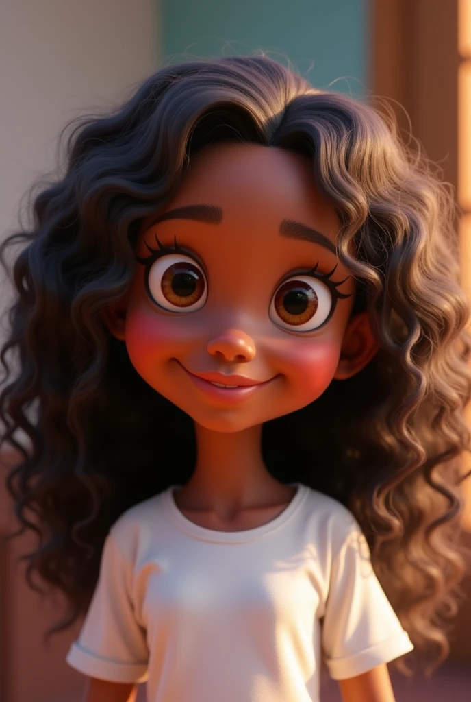 Cartoon character of a dark skinned girl, Long curly hair, in white shirt, animation character, stylized character, animation style rendering, 3d stylized, Arnold Maya rendering, Stylized 3D rendering, toon render screenshot, 3d character, 3d character, Stylized 3D rendering, 3D character rendering, cartoon character, Personagem de close up, character posing,  (Pixar-style) (master part:1.2) (bokeh) (best qualityer) (skin detailed) (detailed texture) (8k) (Argilla) (cinematic lighting) (sharp focus