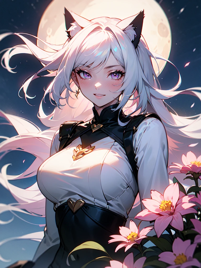 Cat ear,Awesome girl, naughty smile ,Night moon Full moon, 1 female, Mature Woman, A woman with long silvery white hair, Pale pink lips, Calm, intellectual, Pink Eyes,Flower