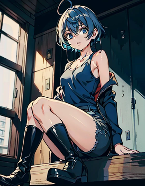 masterpiece, best quality, ultra-detailed, extremely detailed CG, blue short hair, blue eyes, blue coat, black camisole, black shorts, black boots, ( girl)
