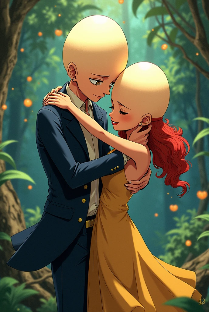 egghead rob lucci and egg head nami hugging, while egghead sanji looks on heartbroken