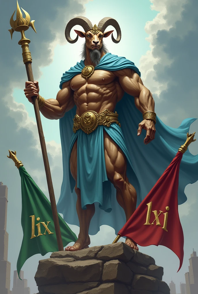 A muscular goat wearing a muscular crown and wearing the clothes of a god, a light blue cape, stepping on two pennants, one green saying LIX and the other red saying LXI, and with one hand holding a light blue pennant saying LX SUP