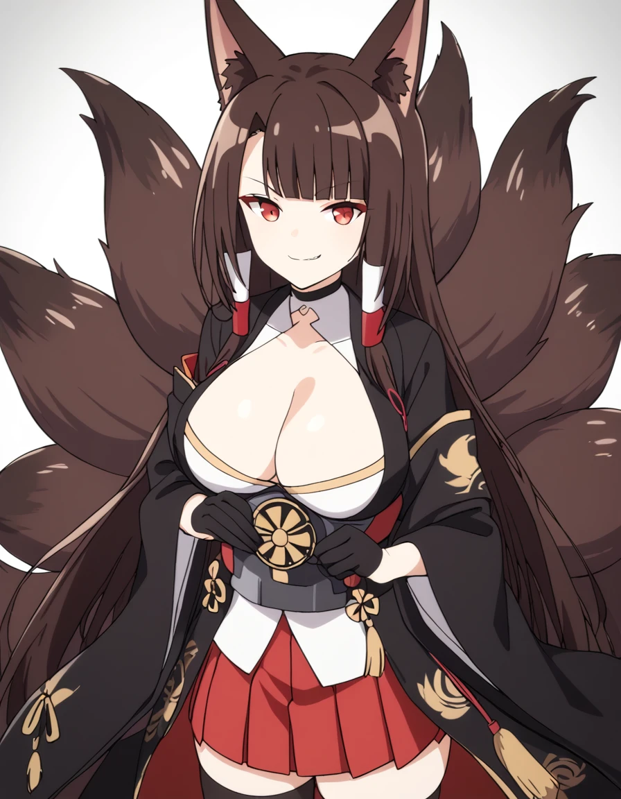 Azur Lane Slow Ahead Style, score_9, score_8_up, score_7_up, source_anime, rating_safe, BREAK akaginor, 1girl, akagi \(azur lane\), fox girl, red eyes, brown hair, long hair, blunt bangs, sidelocks, fox ears, fox tail, multiple tails, large breasts, hair tubes, black kimono, open kimono, cleavage cutout, wide sleeves, long sleeves, black gloves, sash, sakuramon, armor, hakama short skirt, red skirt, pleated skirt, black thighhighs, standing, evil smirk, arms crossed under her chest