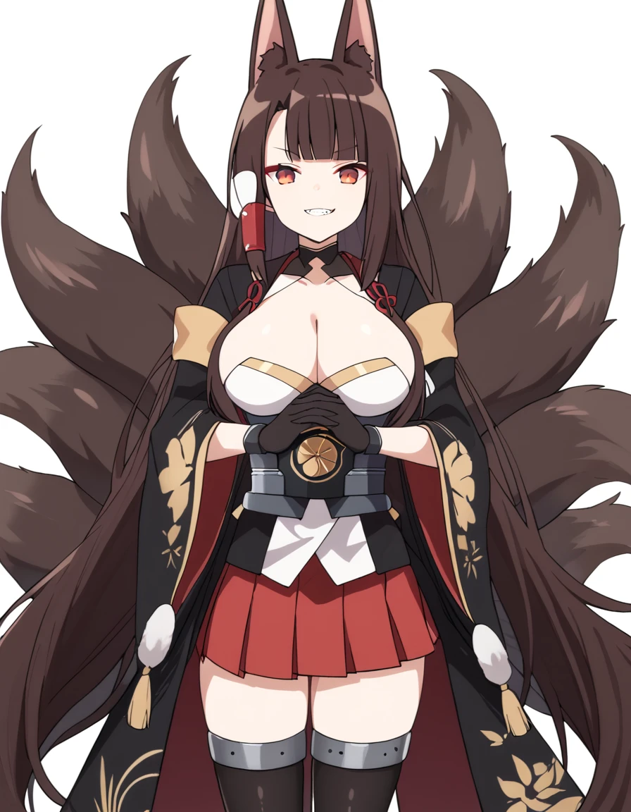 Azur Lane Slow Ahead Style, score_9, score_8_up, score_7_up, source_anime, rating_safe, BREAK akaginor, 1girl, akagi \(azur lane\), fox girl, red eyes, brown hair, long hair, blunt bangs, sidelocks, fox ears, fox tail, multiple tails, large breasts, hair tubes, black kimono, open kimono, cleavage cutout, wide sleeves, long sleeves, black gloves, sash, sakuramon, armor, hakama short skirt, red skirt, pleated skirt, black thighhighs, standing, evil smirk, arms crossed under her chest