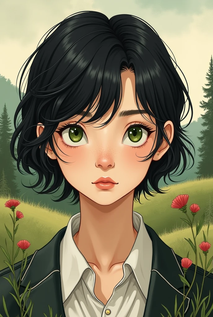 Generate images of an effeminate man with black hair, green eyes and freckles, at the time of Anne with an E with drawing style