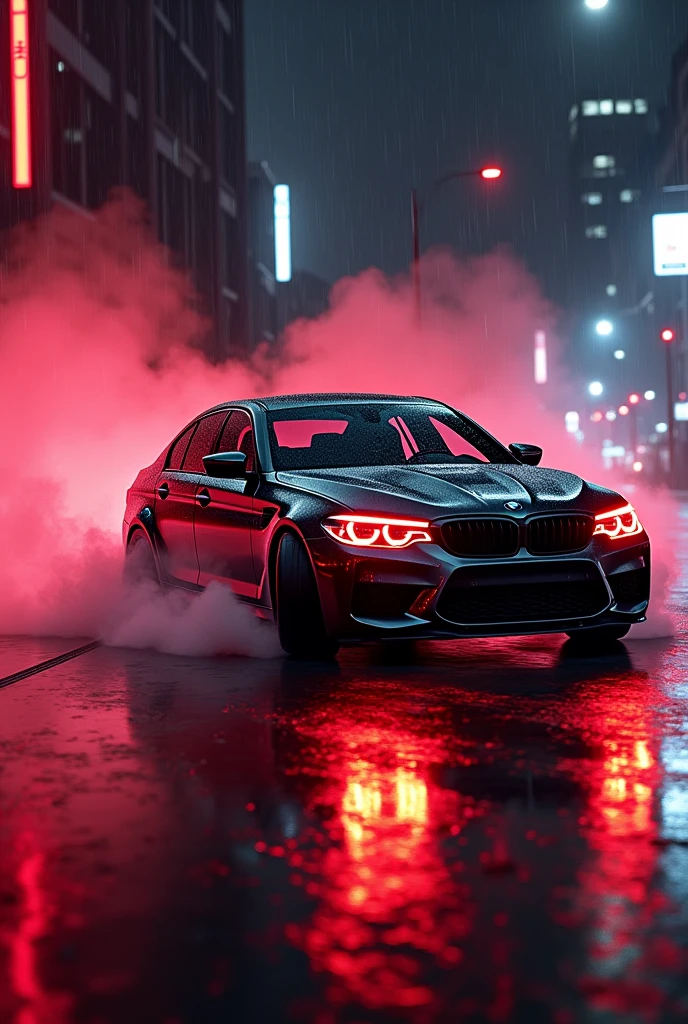 BMW M5 drifting in rain under glow red lights 