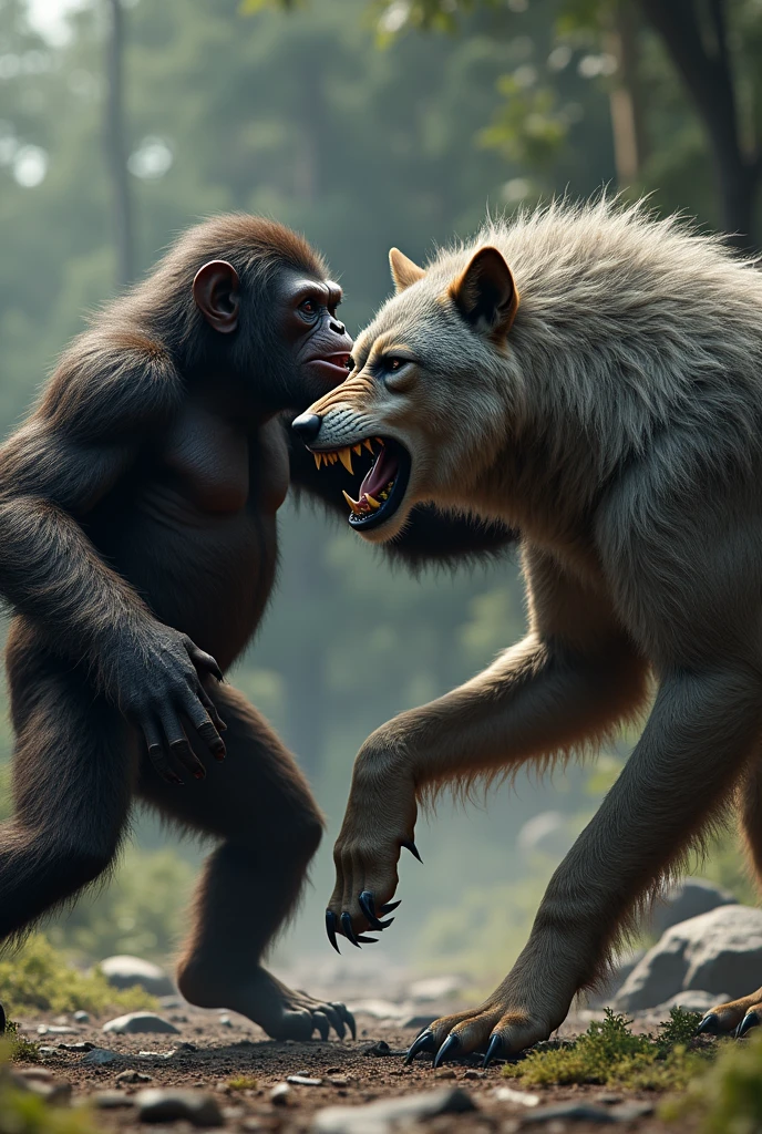 create a realistic image of a furry chimpanzee attacking an aggressive gray wolf