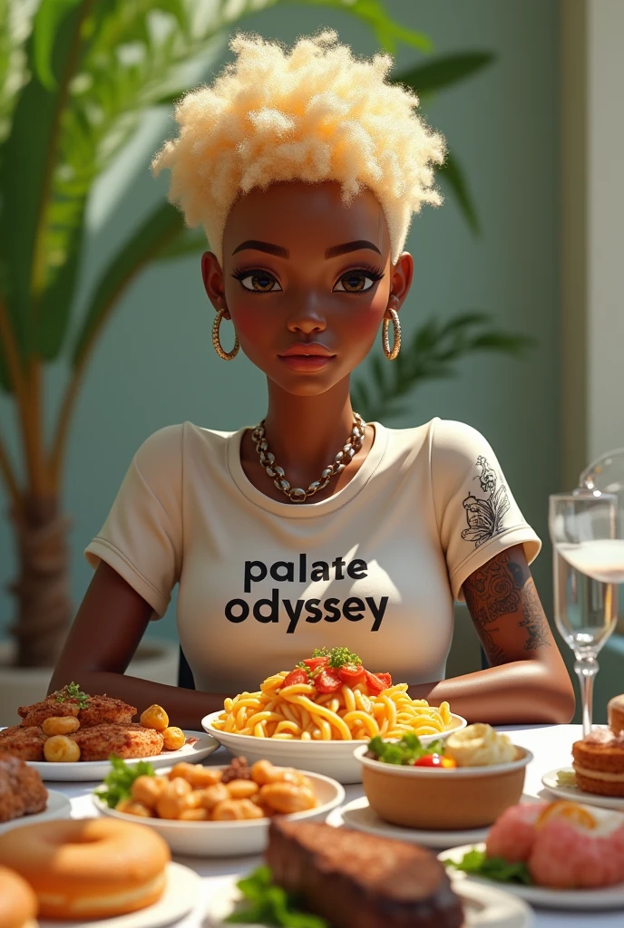 Create a 4k portrait of a 2 light-skinned female, with black features such as nose and lips approximately 5'1" tall, with blonde, short curly puff hair styled in a even cut. She is sitting at a table testing various foods, including pasta, seafood, donuts, cocktails, pizza, rice, and steak, with each dish clearly displayed. She is wearing a shirt with 'Palate Odyssey' spelled out correctly. Her right arm features a tattoo with three skulls and an hourglass with blue sand falling through it. The scene is set in Miami, Florida, with palm trees visible in the background to enhance the tropical atmosphere.
