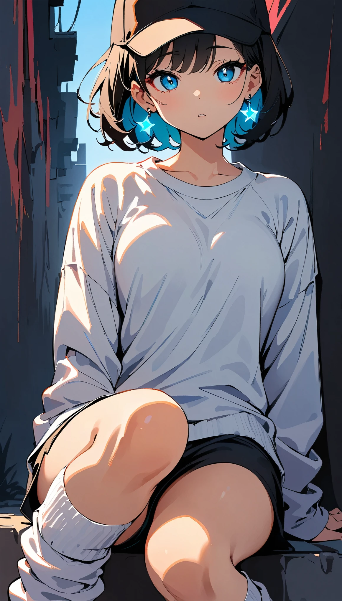 (high quality, 8k, 4K, High Contrast, masterpiece:1.2, 最high quality, Best aesthetics), ((1 female)),Crouching, (Background of blue sky and road along the sea)), ((Flat Color)), (Plain grey long sleeve sweatshirt), ((Black shorts)),(white super loose socks), Looking at the audience, Transparent Background, (Staring at me), Sleepy eyes, High Contrast, Contrasting colors, , ((very short hair)) , Black Hair, Red eyes,, Small star-shaped earrings in both ears, bright eyeshadow,((low angle shot)), Black baseball cap,Lime green sneakers,big tits