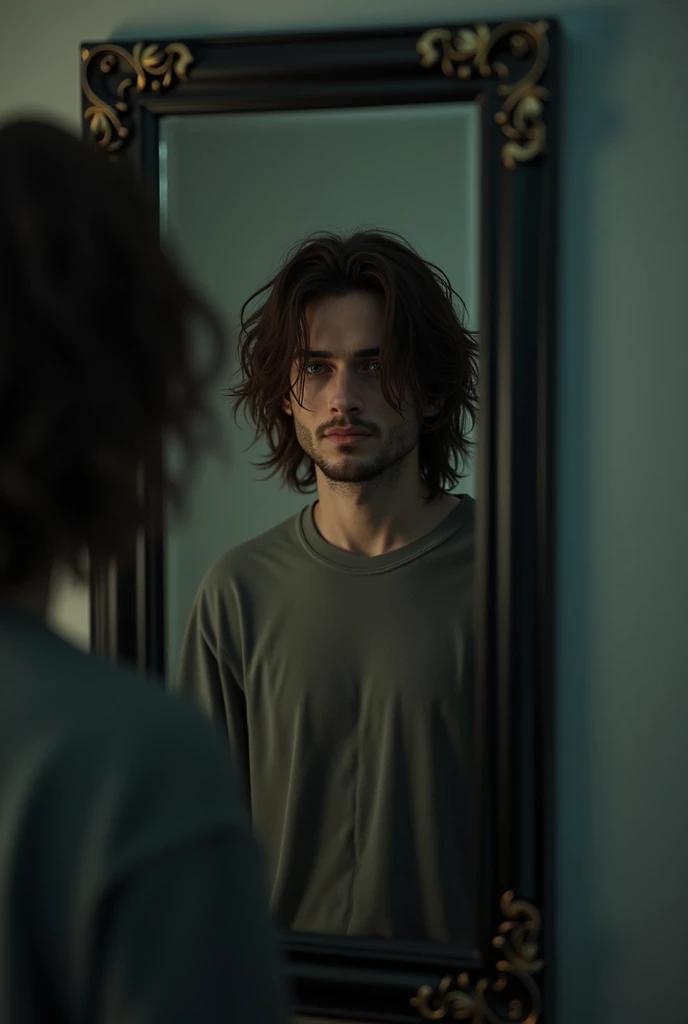 home se olhando no espelho, brown hair, messy hair, empty eyes, sad, facial hair, atmospheric perspective, Realism, UHD