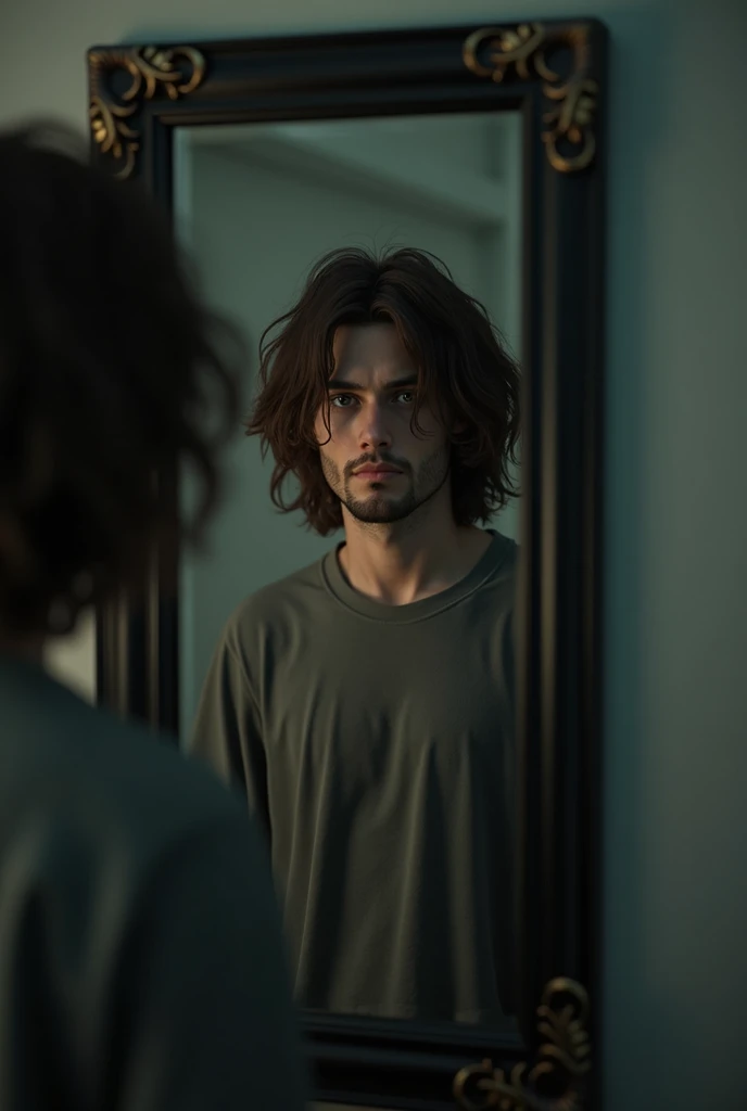 home se olhando no espelho, brown hair, messy hair, empty eyes, sad, facial hair, atmospheric perspective, Realism, UHD