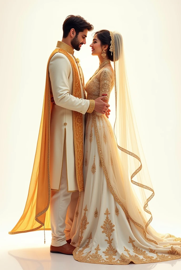 an illustration of a man and woman dressed in traditional indian garb, standing, bride and groom, transparent background, marriage, in wedding dresses, couple, man and woman, wedding, wedding photo, celebrating an illegal marriage, lovely couple, diaphanous cloth, inspired by Lubna Agha, royal attire, wearing ivory colour dress, wearing white cloths, an elegant couple, wearing translucent veils, golden-white robes, back pose, very detailed and rich clothing Pakistani wedding vibe