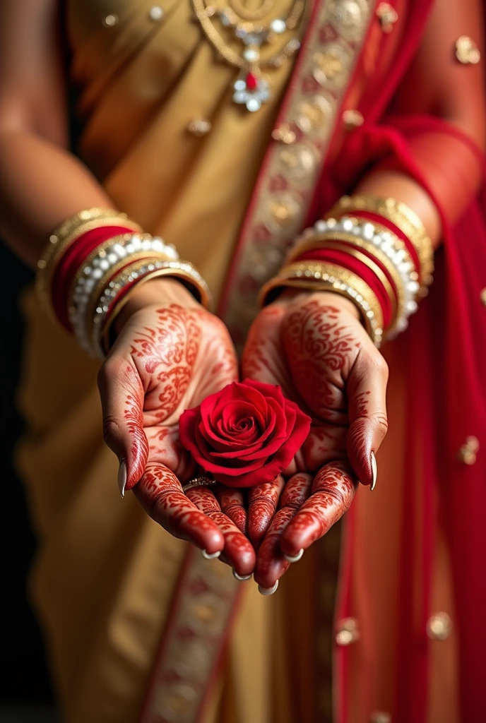 a bride in golden sharee (at the background, blurred) Hands filled with bridal henna, red bangles. and floral bangles made of red roses. No nailpolish. 