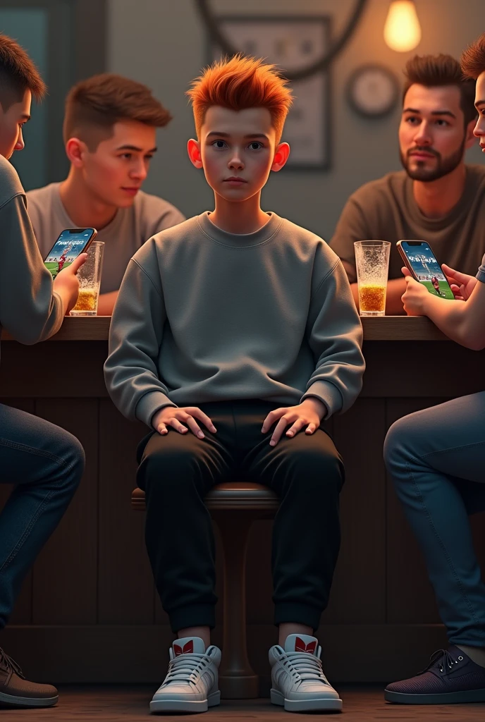 realistically make a boy sitting at the bar with his friends and a child nearby watching two football matches on two different phones, the boy we need to focus on has black adidas pants, white shoes and a grey sweatshirt, he has red hair but he has a gigantic receding hairline like that of old men