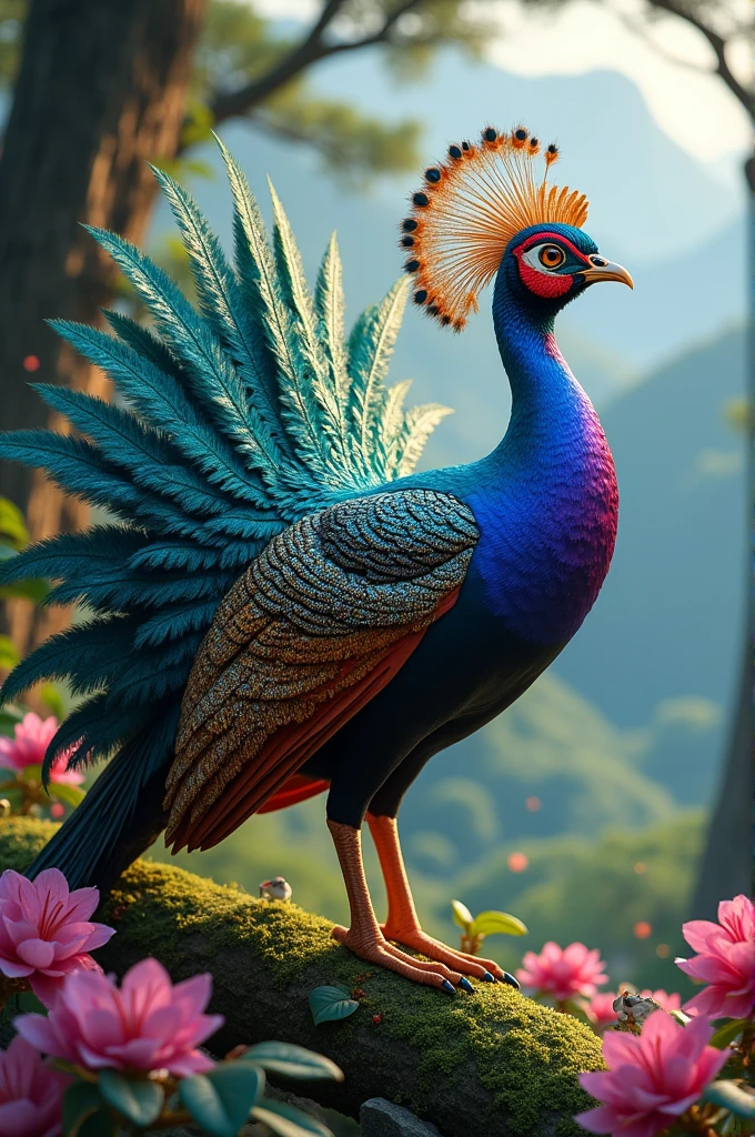 A majestic lophophorous displaying its colorful feathers in a lush, rhododendron forest in mountain