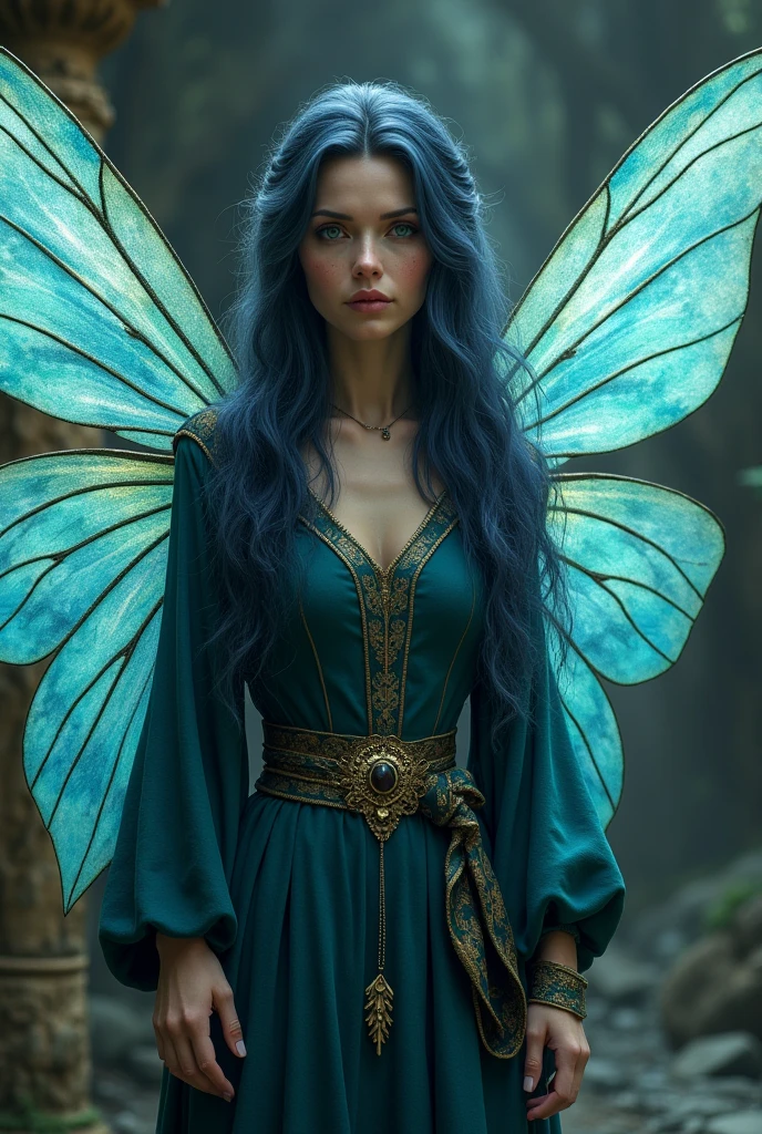 An adult fairy with dark blue long hair and blue eyes. She is in her mid 40s. She has dark blue fairy wings, that look like they are made of oil water. She has a wise expression. She wears medieval clothing.
