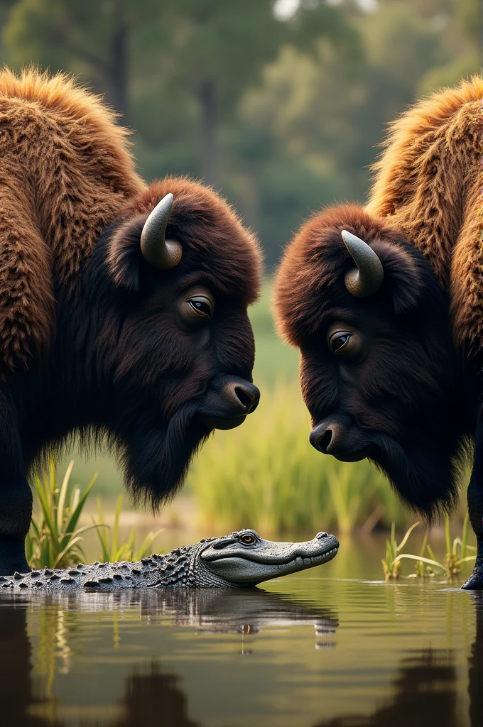 Two buffaloes looking at the alligator 