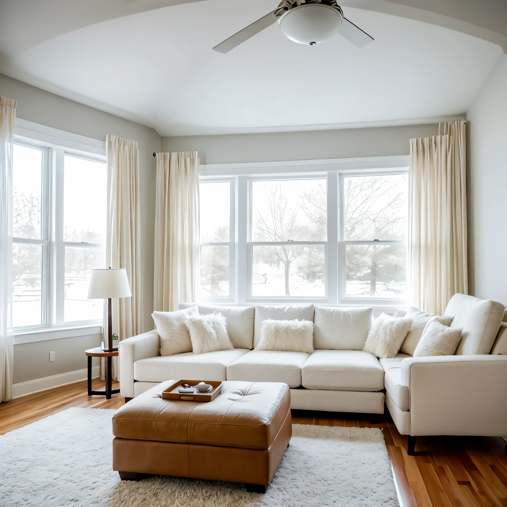 Humongous white fur couch with a reclined backrest. Pillows. Bright light coming from the camera, the ceiling window, the left wall window and the table lamps. Camera angle 45 degrees on top of the backrest