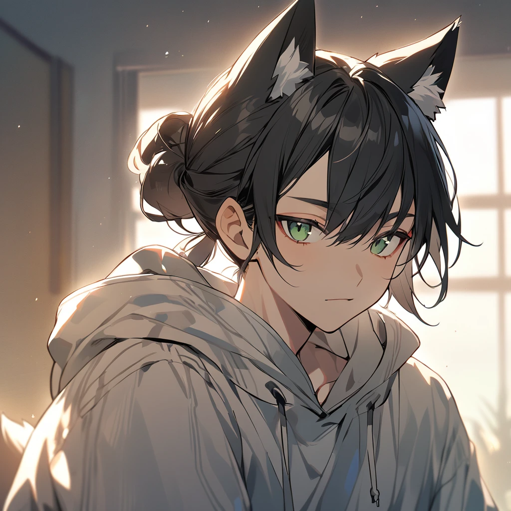 Man, black hair, green eyes, fox ears, hair tied in a bun, hoodie
