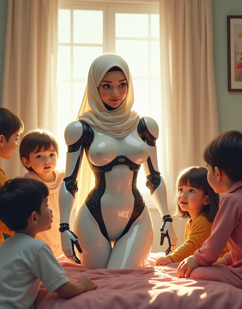 female robot wearing hijab, big breasts, white body, robot arm, playing with children on the bedroom