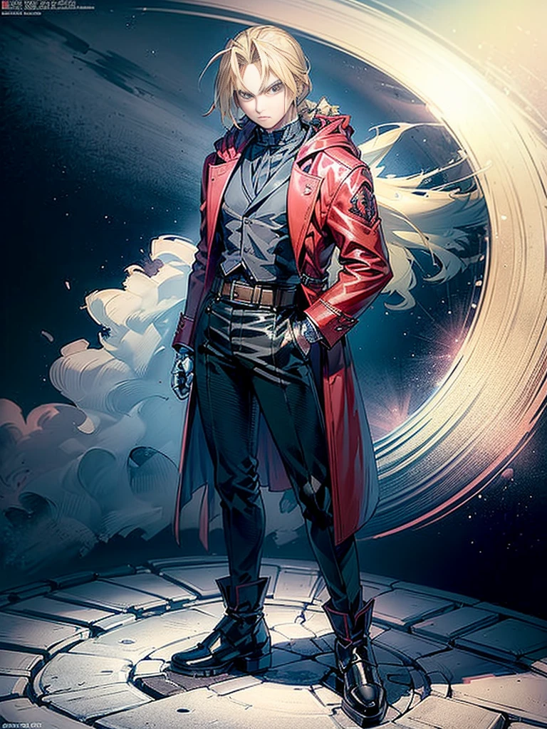 (masterpiece、top-quality、top-quality、Detailed and complex、official art、aesthetically pleasing:1.3) Standing pose, blonde (Edward Elric) (realistic art:1.3), angry facial expression, masculine serious look. Red coat, black jeans and shoes. Blue cosmic background.