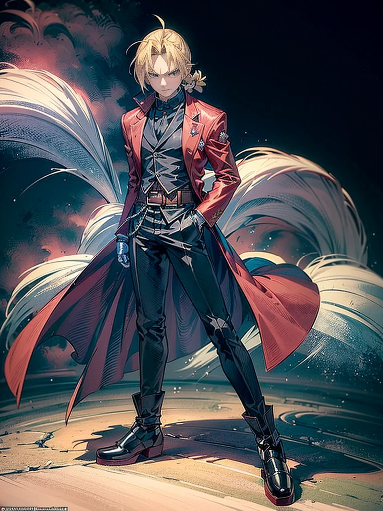 (masterpiece、top-quality、top-quality、Detailed and complex、official art、aesthetically pleasing:1.3) Standing pose, blonde (Edward Elric) (realistic art:1.3), angry facial expression, masculine serious look. Red coat, black jeans and shoes. Blue cosmic background.