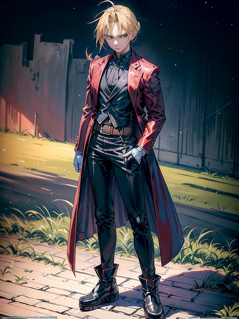 (masterpiece、top-quality、top-quality、Detailed and complex、official art、aesthetically pleasing:1.3) Standing pose, blonde (Edward Elric) (realistic art:1.3), angry facial expression, masculine serious look. Red coat, black jeans and shoes. Blue cosmic background.