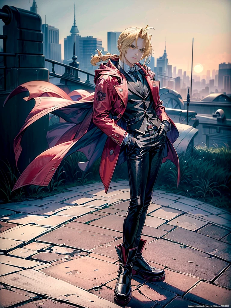 (masterpiece、top-quality、top-quality、Detailed and complex、official art、aesthetically pleasing:1.3) Standing pose, blonde (Edward Elric) (realistic art:1.3), angry facial expression, masculine serious look. Red coat, black jeans and shoes. Blue cosmic background.