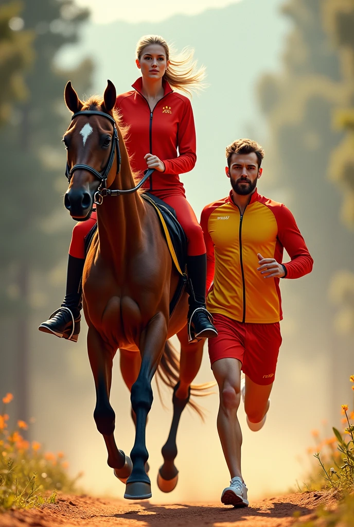 Une dame sur un cheval marron. Très important ,le cheval doit être marron.
A côté d'elle doit apparaitre un coureur a pied de type marathonien de sexe masculin.
Ils devront être habillé tout les deux en rouge et jaune et en tenue de sport.
les lettres "L.Ranch" devront être mentionné