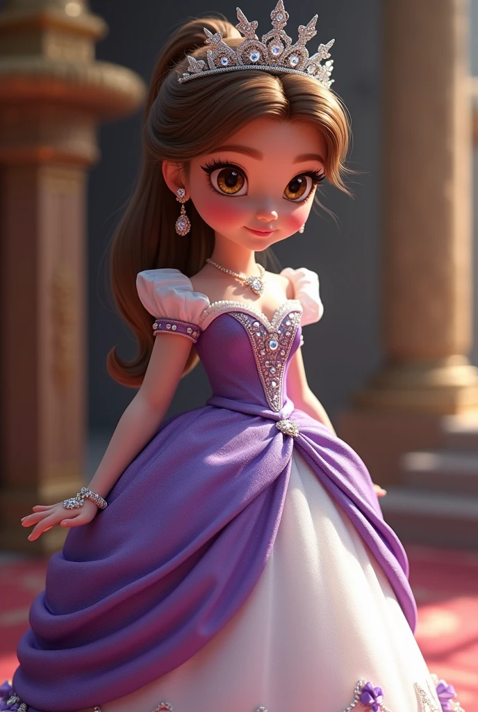 I&#39;m short, I wear a purple and white dress with pearl crystal around the dress, I&#39;m a princess, I have brown eyes, I&#39;m wearing a silver crown.