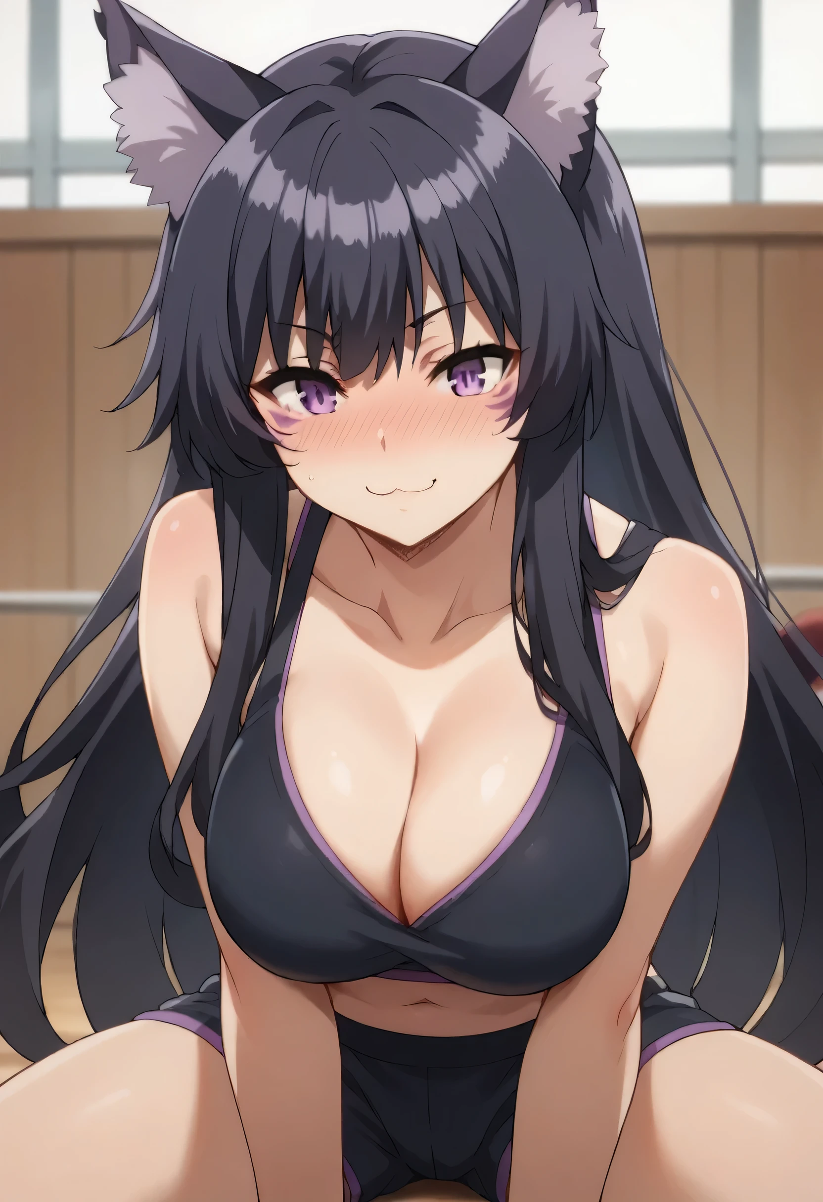 delta, long hair, black hair, animal ears, purple eyes, cat ears, animal ear fluff, facial mark,, large breast, sport bra, shorts, on the gym, seductive smile, ear blush, full blush, naughty
