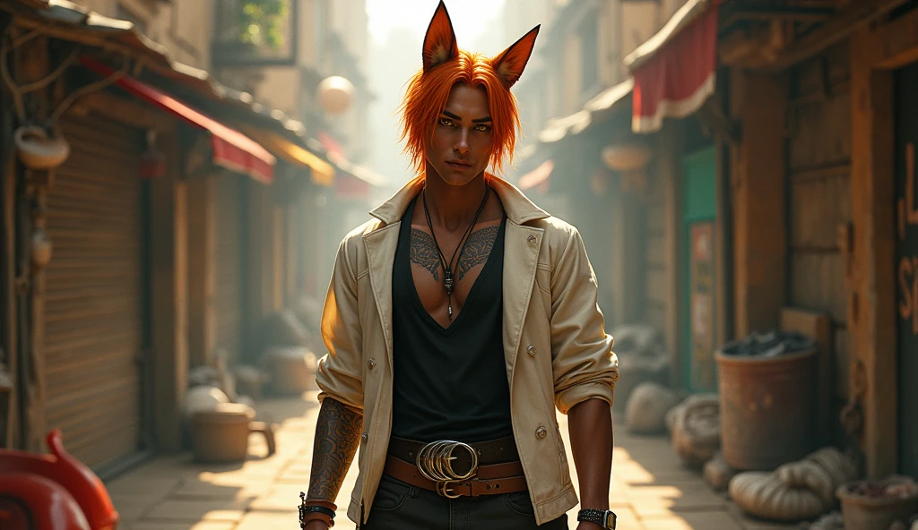 , handsome 1 boy with orange medium hair and lower ponytail and yellow eyes and fox ears, dark skin, tribal tattoo, off shoulder white jacket, black sleeveless shirts with crossed body leather belt, leather sandal, necklace, standing on the messy backstreet of medieval city, sunlight, soft focus, high quality, realistic background, adding depth and richness to the scene