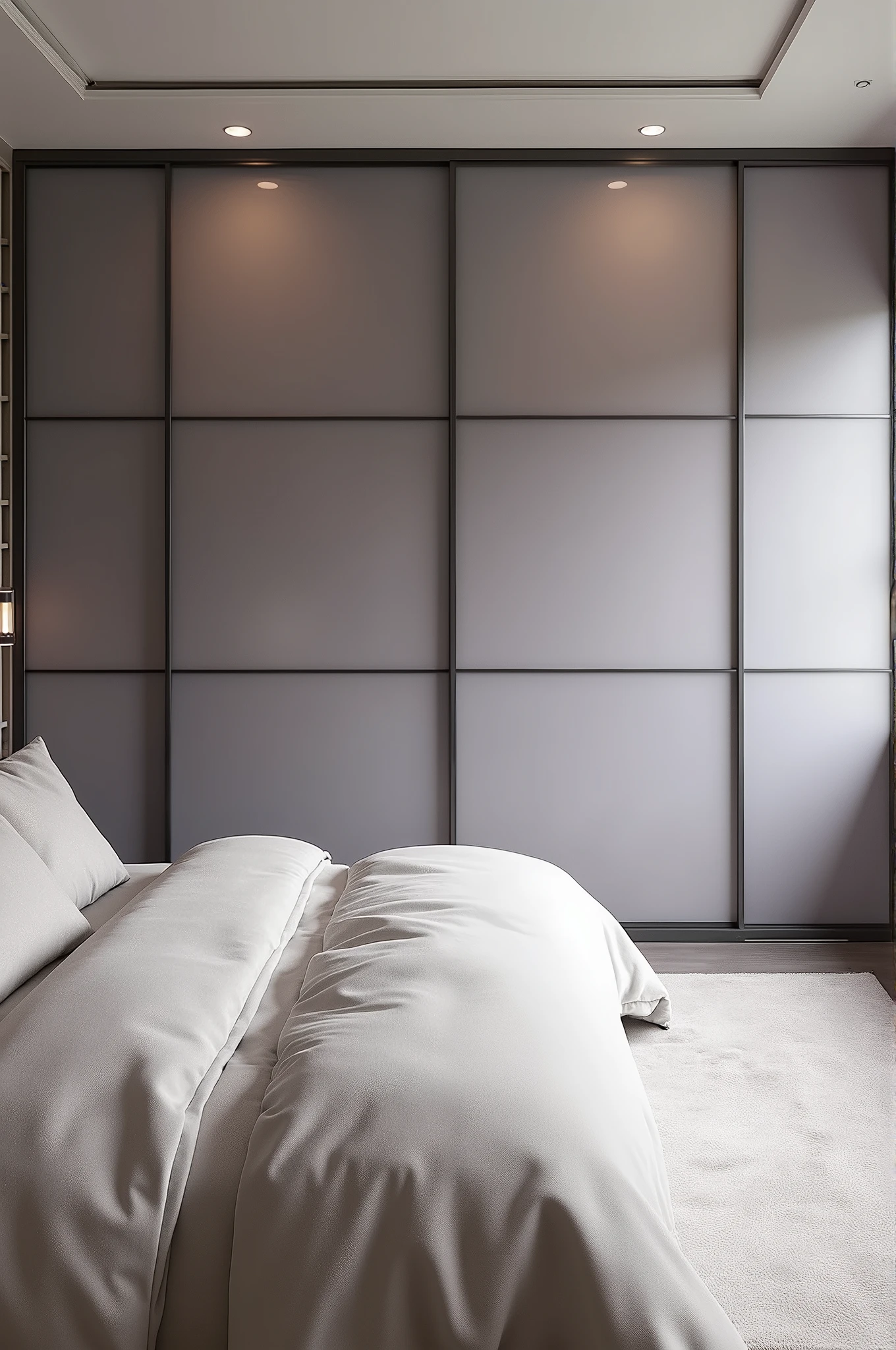 The master bedroom described features a sophisticated and welcoming design in neutral shades of gray and in the background, a closet closed from ceiling to floor by a structure in frosted glass in lavender tones, with a sliding door for access.