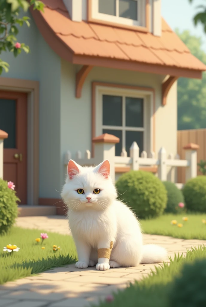 A white cat finds a house to live in with an injured paw, but a nice house 