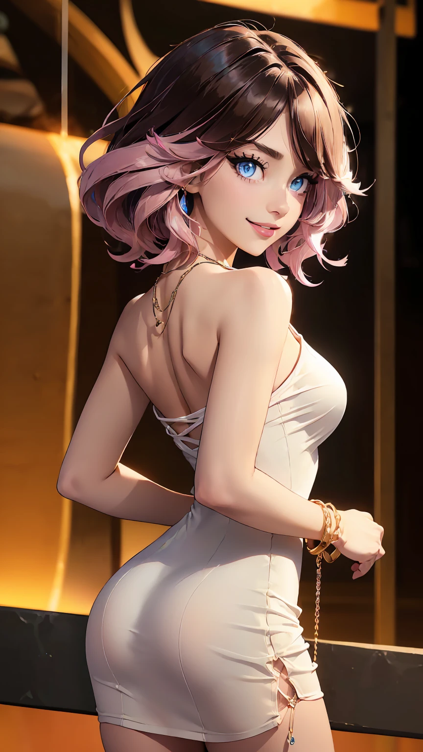 8k, masterpiece, RAW photo, best quality, photorealistic, extremely detailed CG unity 8k wallpaper, Depth of field, Cinematic Light, Lens Flare, Ray tracing, (extremely beautiful face, beautiful lips, beautiful eyes), intricate detail face, ((ultra detailed skin)) 1girl, in the dark, deep shadow, pretty korean girl, kpop idol, 1 girl, (very slim slender fit-muscled body:1.3), ((looking at viewer)),(big smile:1.3), (fashion city night, dark night, (neon sign), (blurred background), fashion street night),(without people in the background:1.3), beautiful earrings, bracelets, necklace, pantyhose, clear eyes, walking, (pale skin), (big eyes), face forward, (brown hairs), (full body shot), ((silk hot pink color dress:1.3)), ((tight fitting dress)), ((laced dress)), (looking at viewer:1.3) open breast, very slim, medium breasts, turning back, (back shot), ass focus, brow front,(tight dress), thick thighs