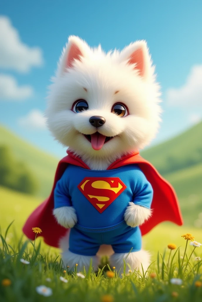 A white dog in a superman suit